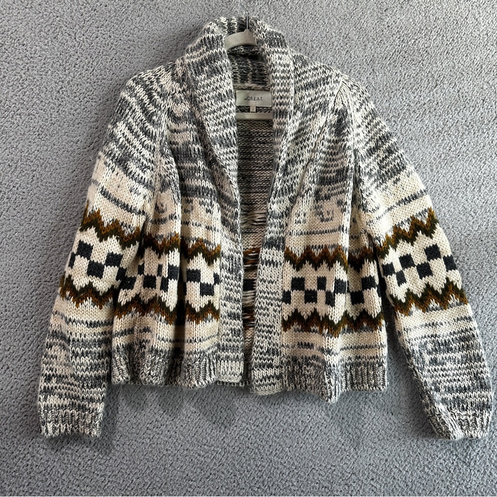 THE GREAT. Geo Check Lodge Sweater Open Cardigan Marled Grey
